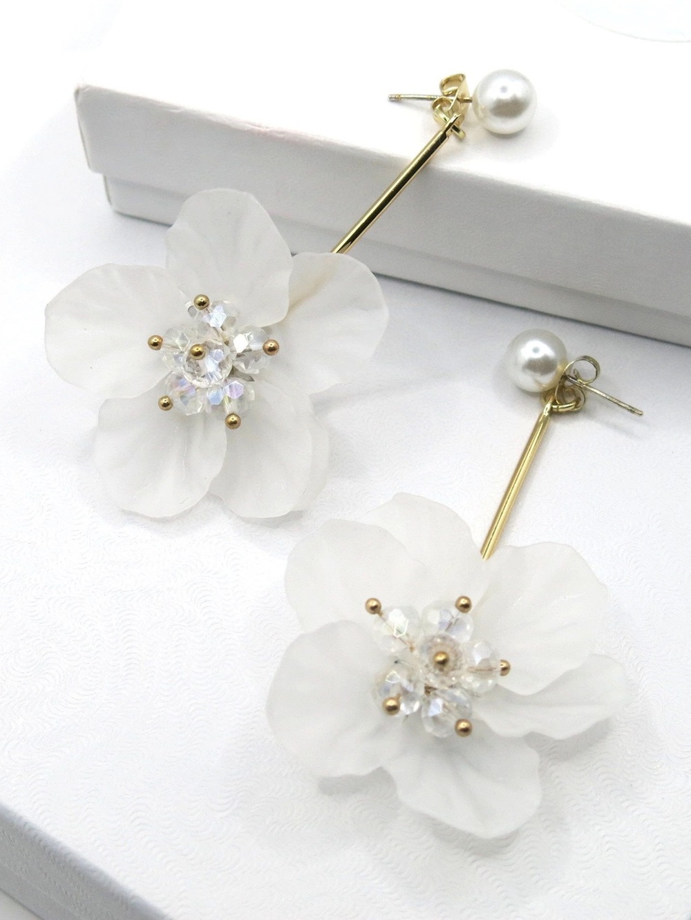 Gold Pearl Drop Earrings with White Floral Accent - Picture 2 of 2